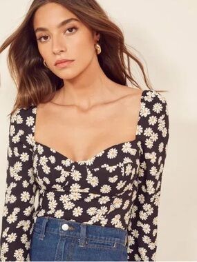 Reformation Reign Black Daisy Bustier Corset Top LS M 8 EUC